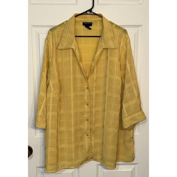 Maggie Barnes Women’s Button Up Top Shirt Yellow 3/4 Sleeve Attached Tank (2X) - Picture 5 of 5